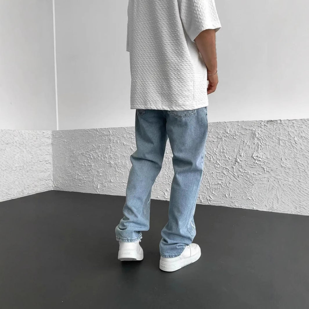 Men's Straight-leg Pants Printed Solid Color Loose Wide Leg Denim