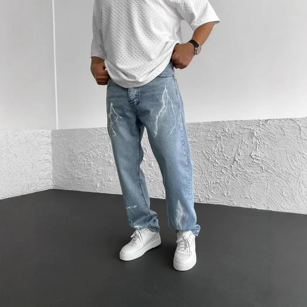 Men's Straight-leg Pants Printed Solid Color Loose Wide Leg Denim